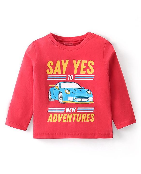 Babyhug Cotton Knit Full Sleeves Night Suit With Stripes & Car Print - Red