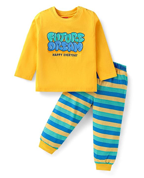 Babyhug Cotton Knit Full Sleeves Night Suit with Text Print & Stripes - Yellow