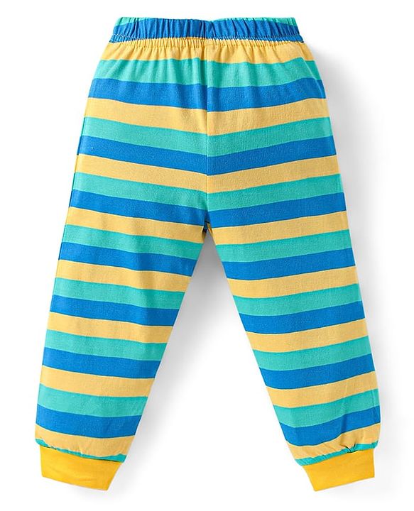 Babyhug Cotton Knit Full Sleeves Night Suit with Text Print & Stripes - Yellow