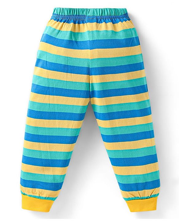 Babyhug Cotton Knit Full Sleeves Night Suit with Text Print & Stripes - Yellow
