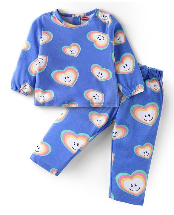 Babyhug Cotton Knit Full Sleeves Night Suit Set with Heart Print - Light Blue