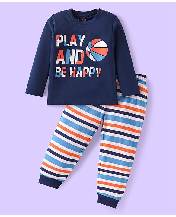 Babyhug Cotton Knit Full Sleeves Night Suit with Text Print & Stripes - Navy Blue