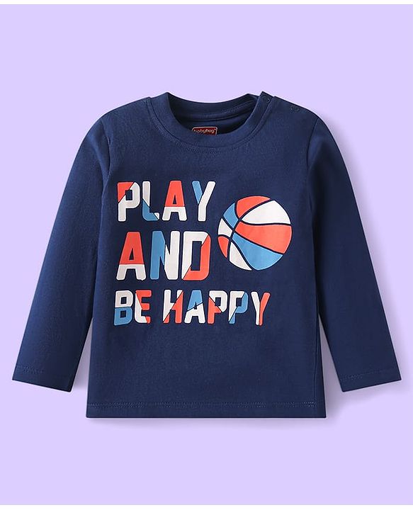 Babyhug Cotton Knit Full Sleeves Night Suit with Text Print & Stripes - Navy Blue