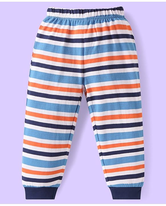 Babyhug Cotton Knit Full Sleeves Night Suit with Text Print & Stripes - Navy Blue