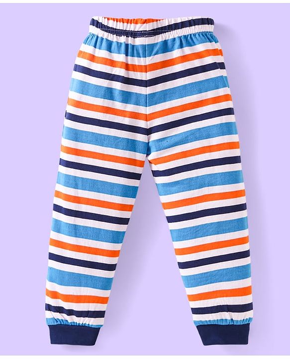 Babyhug Cotton Knit Full Sleeves Night Suit with Text Print & Stripes - Navy Blue