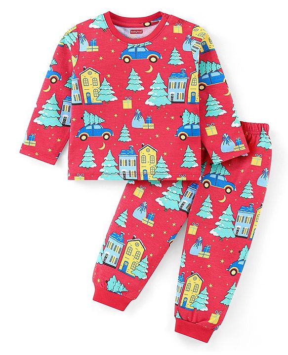 Babyhug Cotton Knit Full Sleeves Night Suit With Cars Print - Red