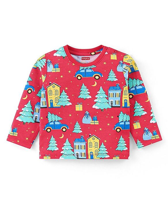 Babyhug Cotton Knit Full Sleeves Night Suit With Cars Print - Red