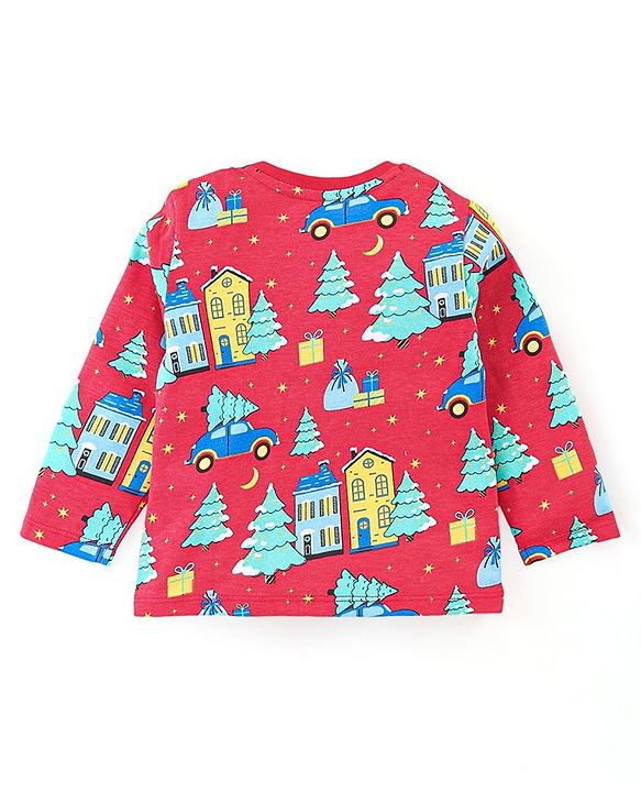 Babyhug Cotton Knit Full Sleeves Night Suit With Cars Print - Red