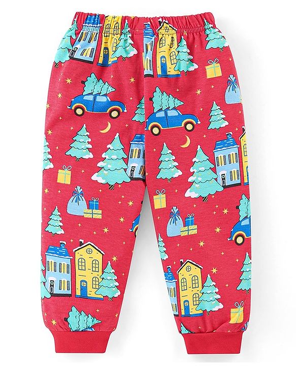 Babyhug Cotton Knit Full Sleeves Night Suit With Cars Print - Red