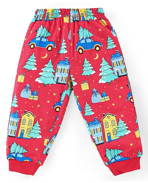 Babyhug Cotton Knit Full Sleeves Night Suit With Cars Print - Red