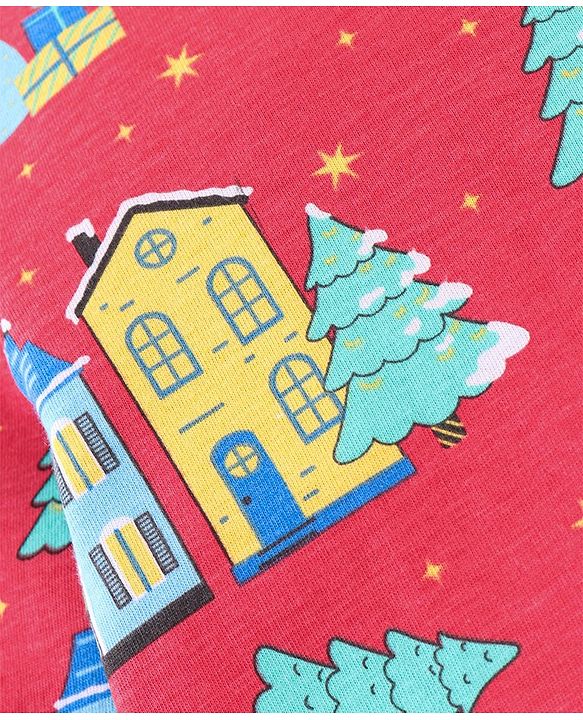 Babyhug Cotton Knit Full Sleeves Night Suit With Cars Print - Red