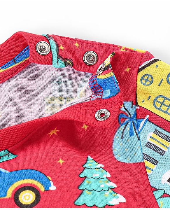Babyhug Cotton Knit Full Sleeves Night Suit With Cars Print - Red
