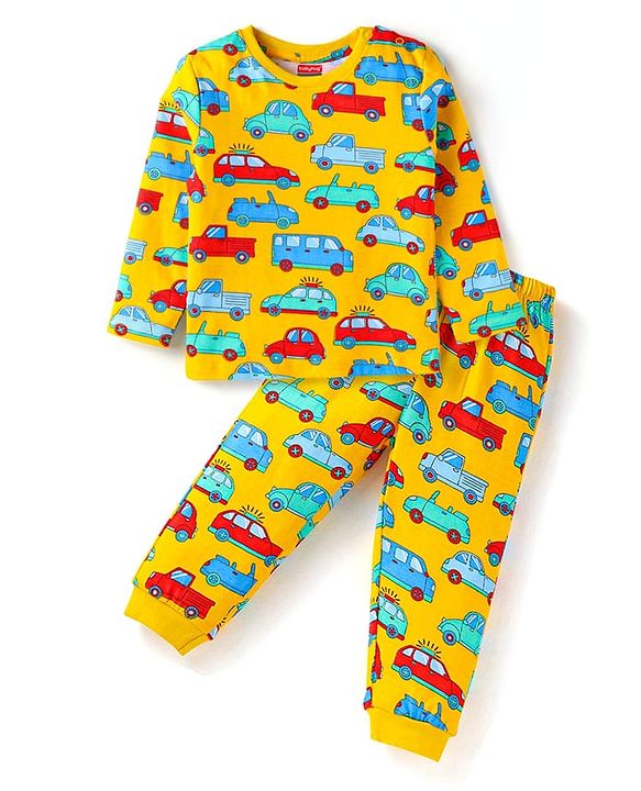 Babyhug Cotton Knit Full Sleeves Night Suit With Vehicles Print - White
