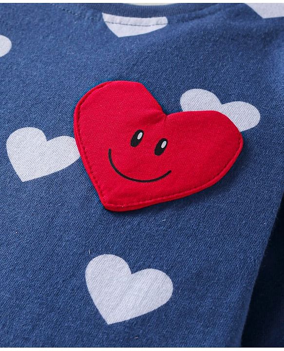 Babyhug Cotton Knit Full Sleeves Night Suit With Heart Print & Patch - Navy Blue