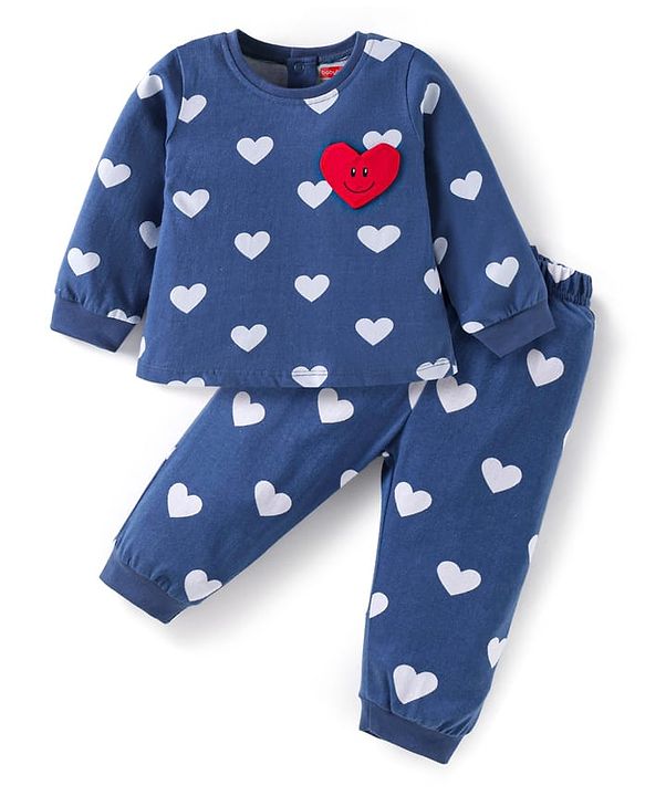 Babyhug Cotton Knit Full Sleeves Night Suit With Heart Print & Patch - Navy Blue