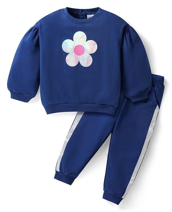 Babyhug Terry Knit Full Sleeves Top with Lounge Pant Floral Print - Navy Blue