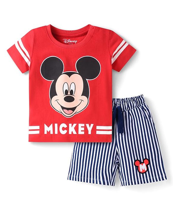 Babyhug Disney Single Jersey Knit Half Sleeves T-Shirt & Striped Shorts Set with Mickey Mouse Graphics & Tape Detailing - Red