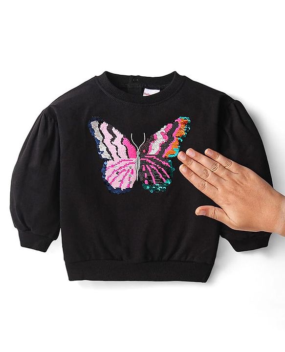 Babyhug Terry Knit Premium Light Gauge Terry Full Sleeves T-Shirt & Lounge Pants Set With Reversible Sequin Detailing - Black