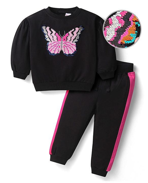 Babyhug Terry Knit Premium Light Gauge Terry Full Sleeves T-Shirt & Lounge Pants Set With Reversible Sequin Detailing - Black