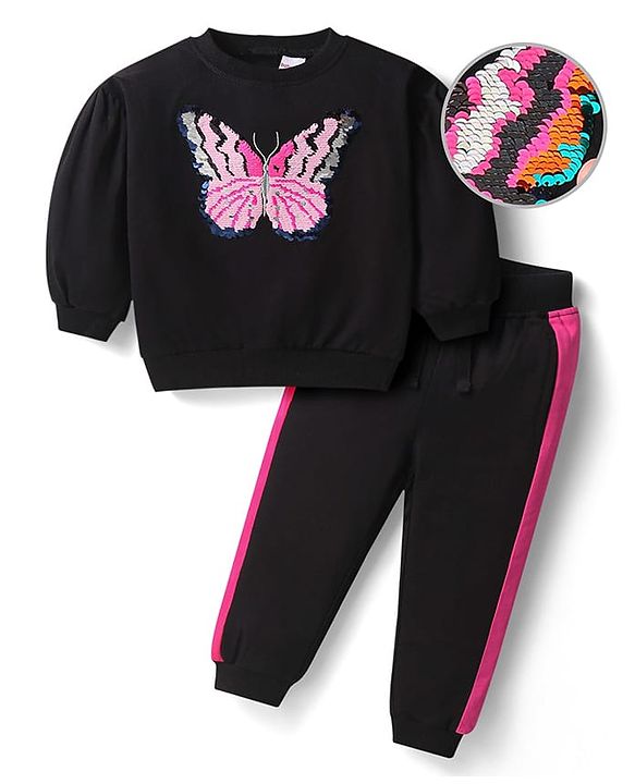 Babyhug Terry Knit Premium Light Gauge Terry Full Sleeves T-Shirt & Lounge Pants Set With Reversible Sequin Detailing - Black