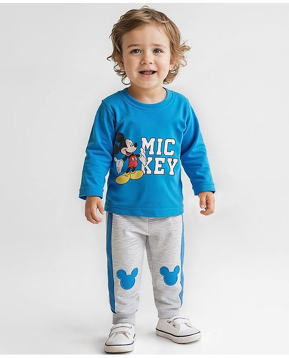 Babyhug Disney Single Jersey Knit Full Sleeves T-Shirt & Lounge Pant Set With Mickey Mouse Graphics - Blue & Grey