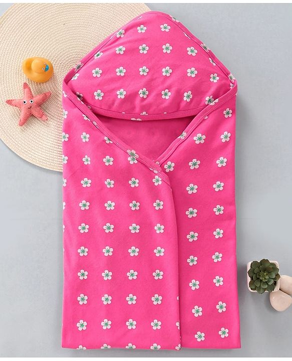 Babyhug Cotton Interlock Floral Print  Hooded Wrapper L 75 x B 72.5 cm - Dark Pink