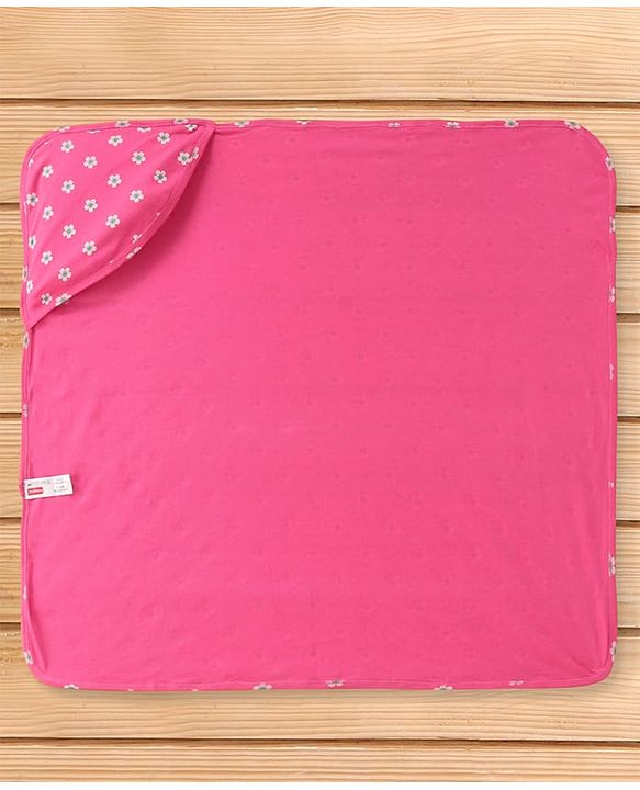 Babyhug Cotton Interlock Floral Print  Hooded Wrapper L 75 x B 72.5 cm - Dark Pink