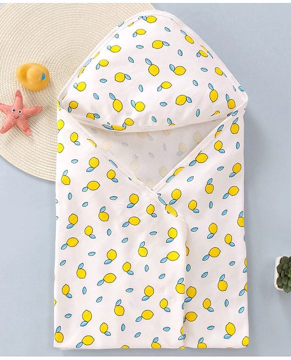 Babyhug Cotton Interlock Tropical Print Hooded Wrapper L 74 x B 74 cm - White