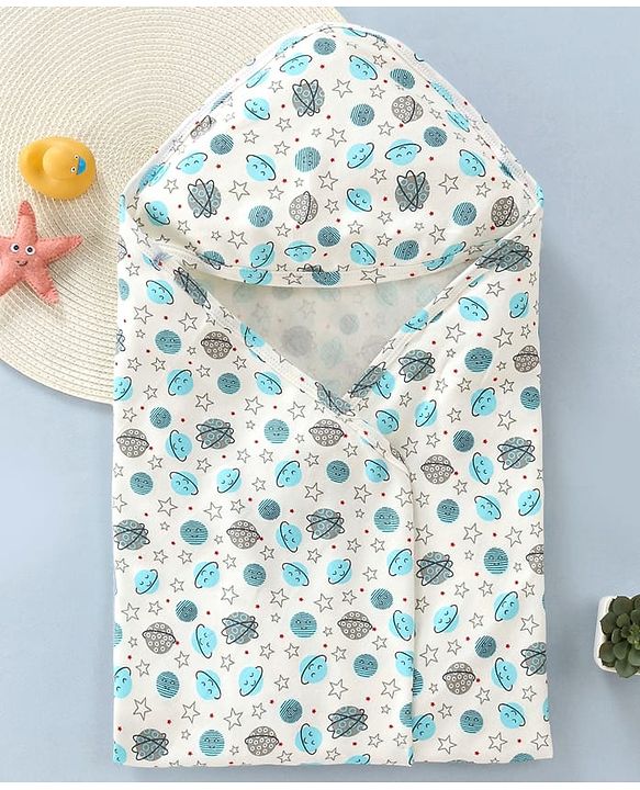 Babyhug Cotton Interlock Space Theme Print Hooded Wrapper L 73 x B 73 cm - Light Blue & White