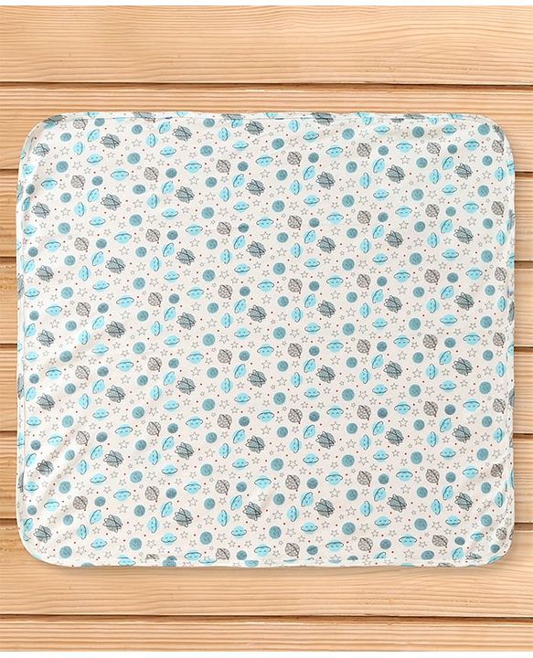 Babyhug Cotton Interlock Space Theme Print Hooded Wrapper L 73 x B 73 cm - Light Blue & White