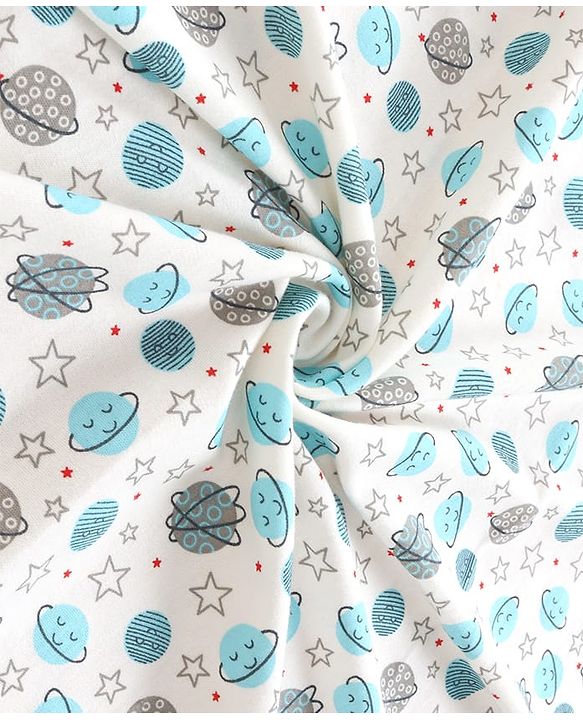 Babyhug Cotton Interlock Space Theme Print Hooded Wrapper L 73 x B 73 cm - Light Blue & White