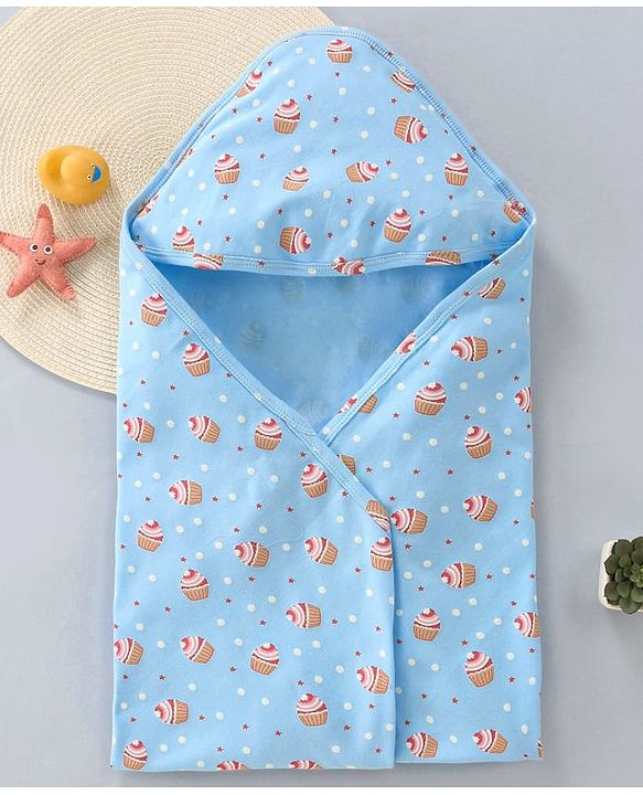 Babyhug Cotton Interlock Cupcake Print Hooded Wrapper L 74 x B 71 cm - Light Blue