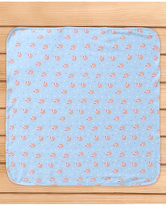 Babyhug Cotton Interlock Cupcake Print Hooded Wrapper L 74 x B 71 cm - Light Blue