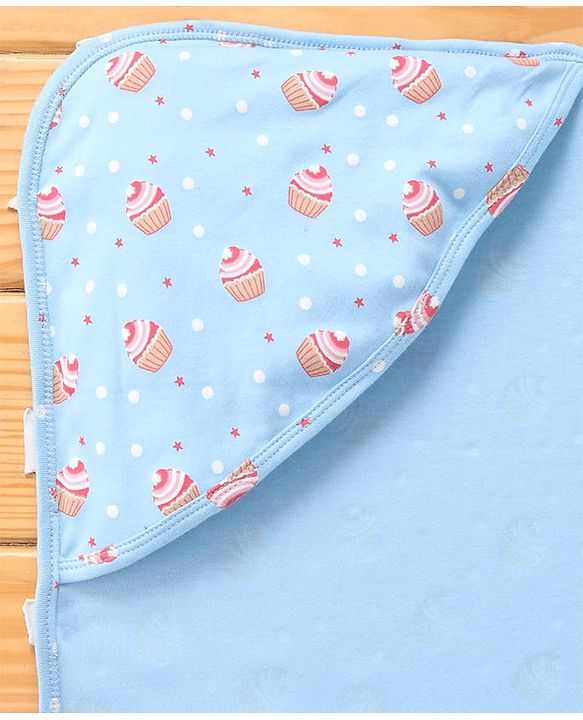 Babyhug Cotton Interlock Cupcake Print Hooded Wrapper L 74 x B 71 cm - Light Blue
