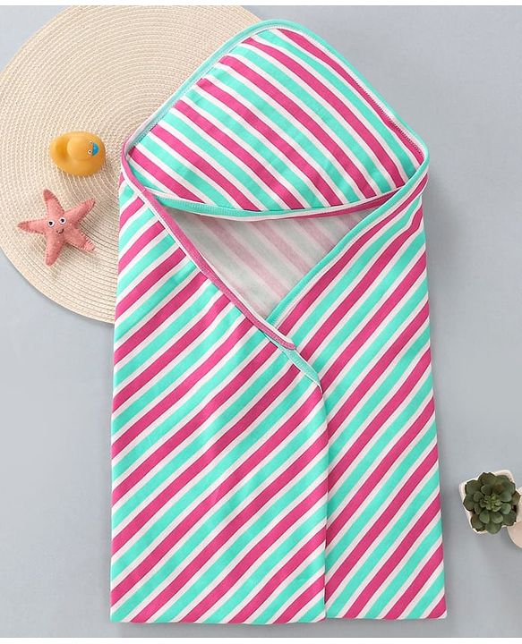 Babyhug Cotton Interlock Striped Hooded Wrapper L 75 x B 73 cm - Green & Red