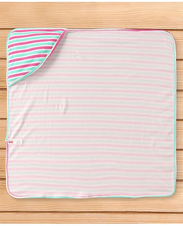 Babyhug Cotton Interlock Striped Hooded Wrapper L 75 x B 73 cm - Green & Red