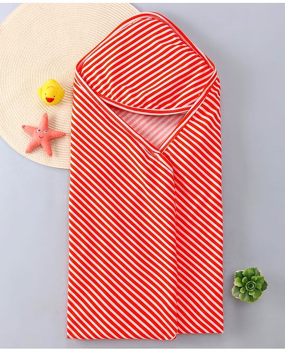 Babyhug Cotton Knit Hooded Wrapper with Stripes L 76 x B 76 cm - Red