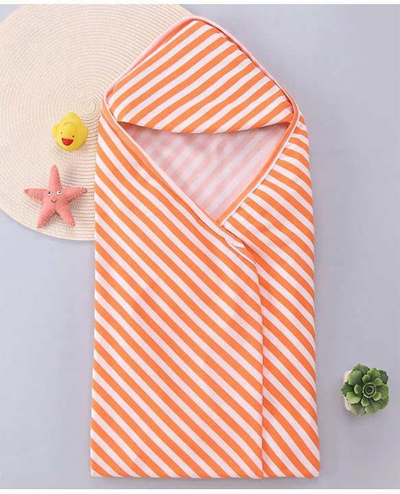 Babyhug Cotton Knit Hooded Wrapper with Stripes L  76 x B 76 cm - Orange