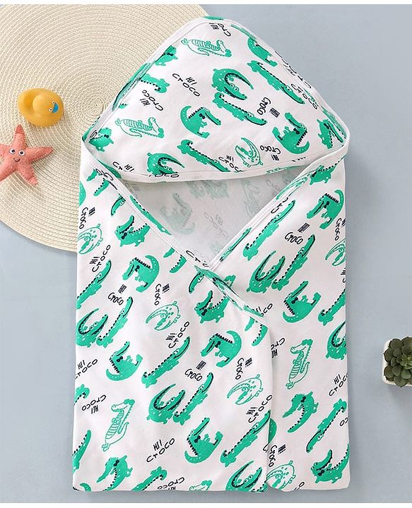 Babyhug Cotton Knit Hooded Wrapper with Crocodile Print L 76 x B 76 cm - White
