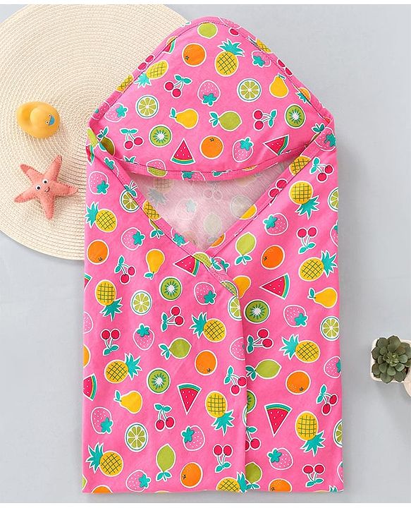 Babyhug Cotton Interlock Fruits Print  Hooded Wrapper L 76 x B 76 cm - Dark Pink