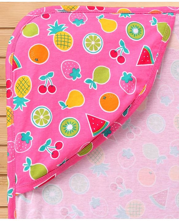 Babyhug Cotton Interlock Fruits Print  Hooded Wrapper L 76 x B 76 cm - Dark Pink