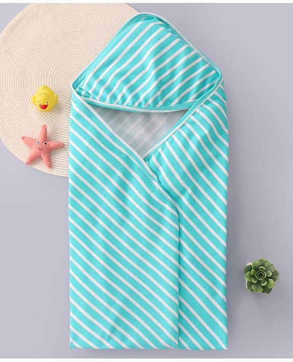 Babyhug Cotton Knit Hooded Wrapper with Stripes L 76 x B 78 cm - Aqua Blue