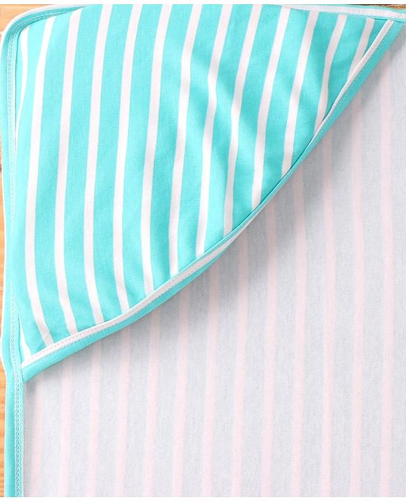 Babyhug Cotton Knit Hooded Wrapper with Stripes L 76 x B 78 cm - Aqua Blue