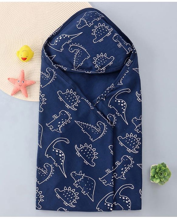 Babyhug Cotton Knit Hooded Wrapper with Dino Print L 76 x B 76 cm - Navy Blue
