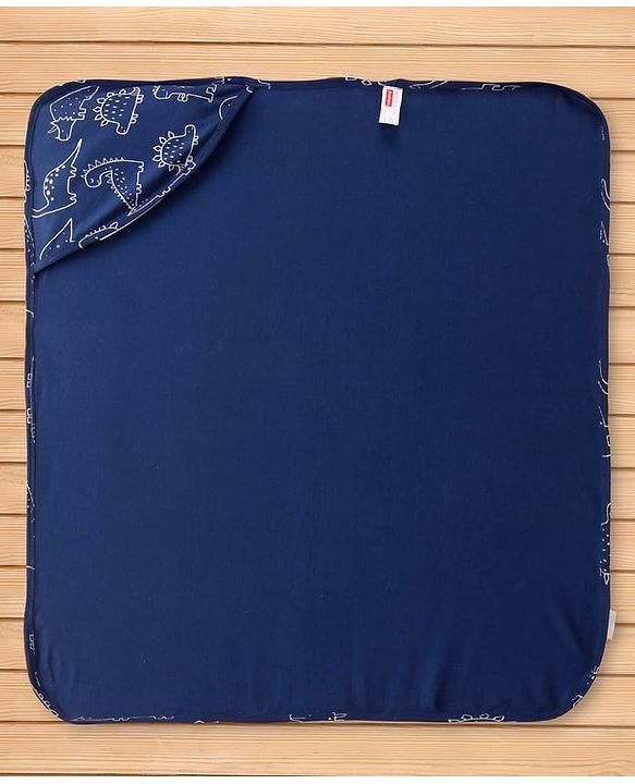 Babyhug Cotton Knit Hooded Wrapper with Dino Print L 76 x B 76 cm - Navy Blue