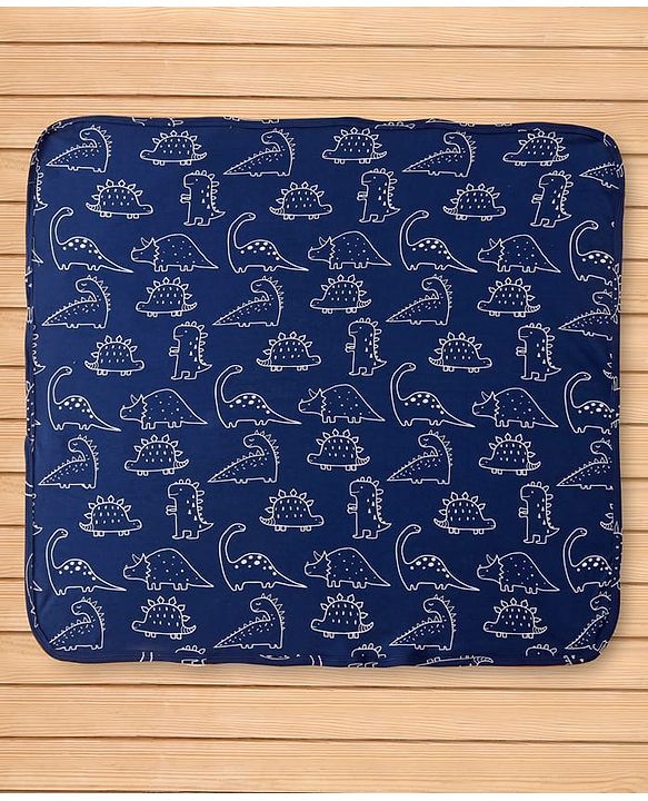 Babyhug Cotton Knit Hooded Wrapper with Dino Print L 76 x B 76 cm - Navy Blue