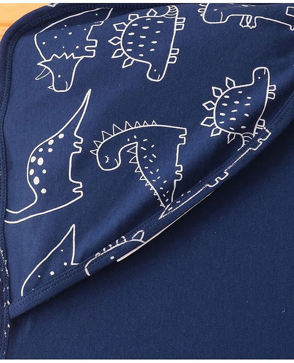 Babyhug Cotton Knit Hooded Wrapper with Dino Print L 76 x B 76 cm - Navy Blue