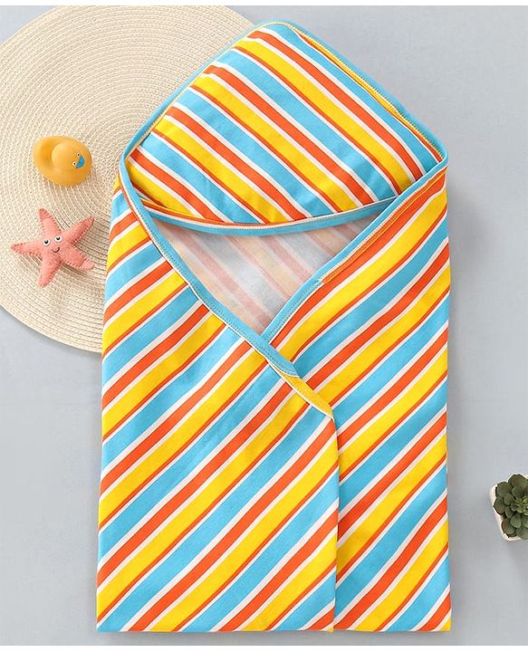 Babyhug Cotton Knit Hooded Wrapper with Stripes L 76 x B 76 cm - White