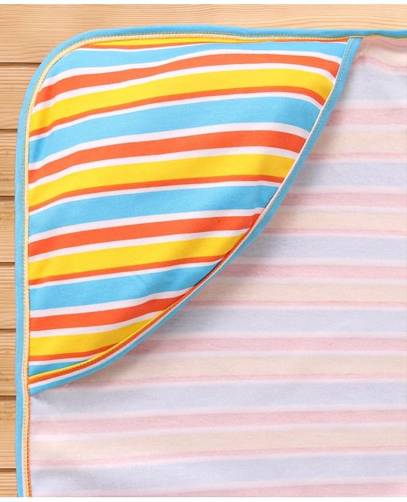 Babyhug Cotton Knit Hooded Wrapper with Stripes L 76 x B 76 cm - White
