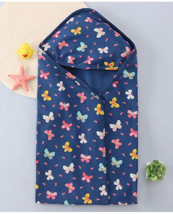 Babyhug Cotton Knit Hooded Wrapper with Butterfly Print L 76 x B 78 cm - Navy Blue